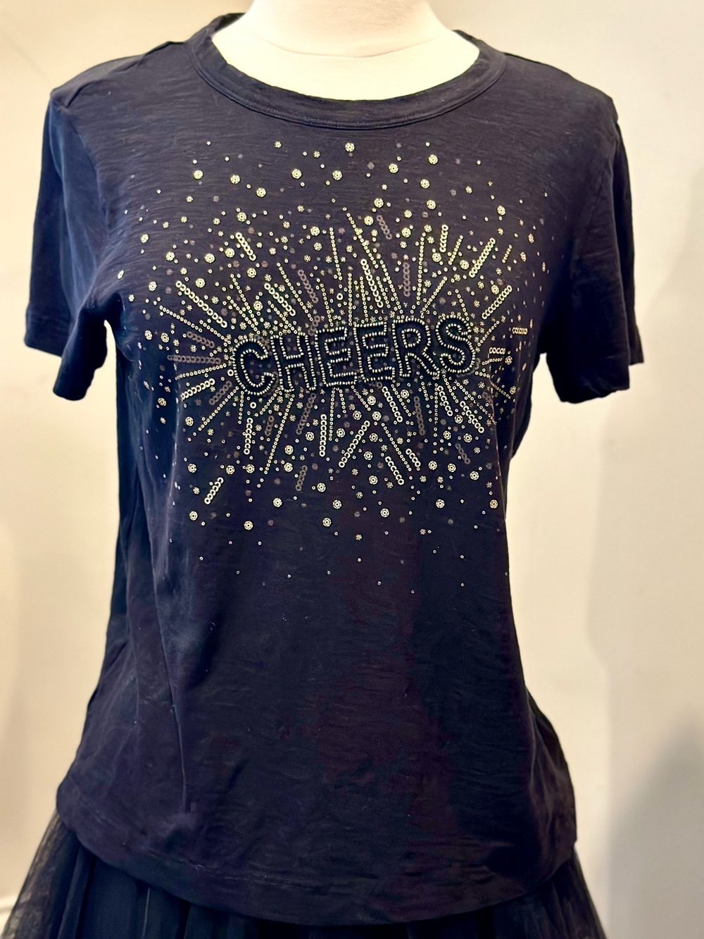 LOFT Black Embellished Beaded Tee with Cheer Motif Medium